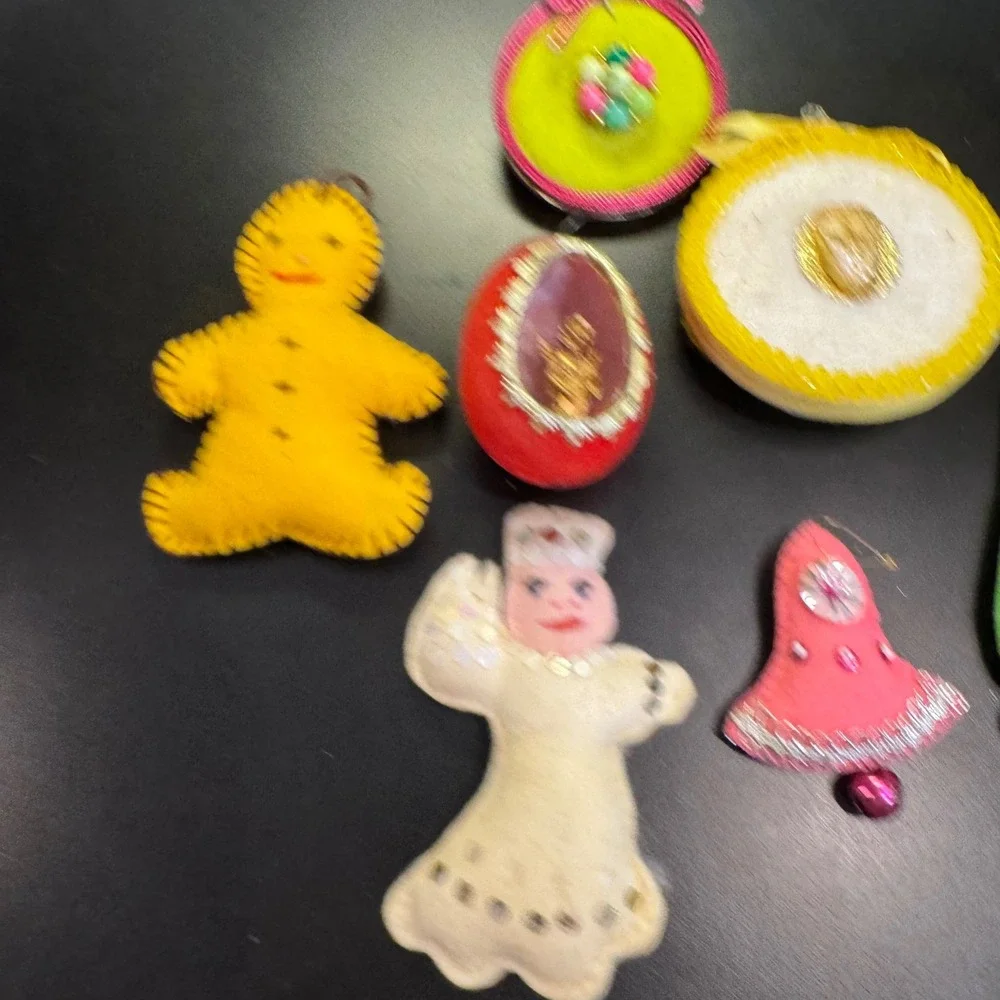 Vintage Christmas Ornaments Lot 7pc Multicolor Felt Sequin Kitsch Retro MCM